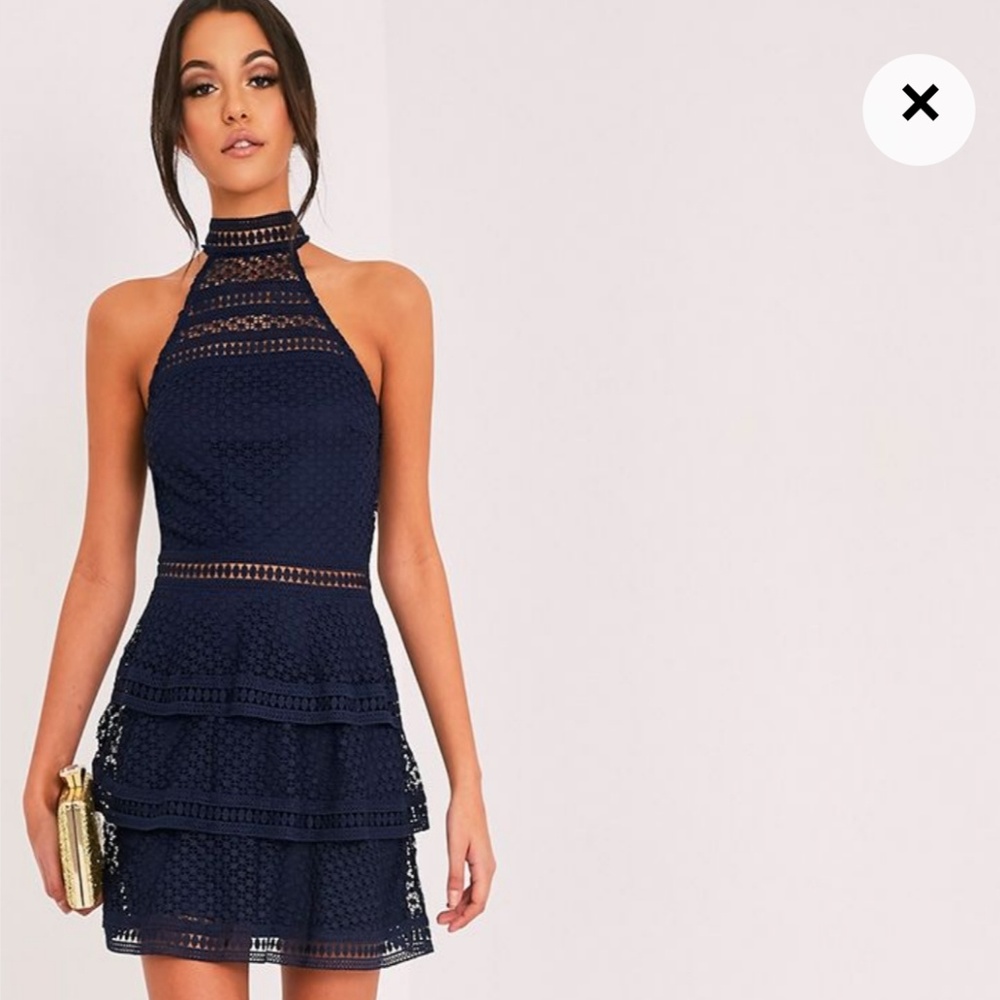 Navy lace panel tiered bodycon dress